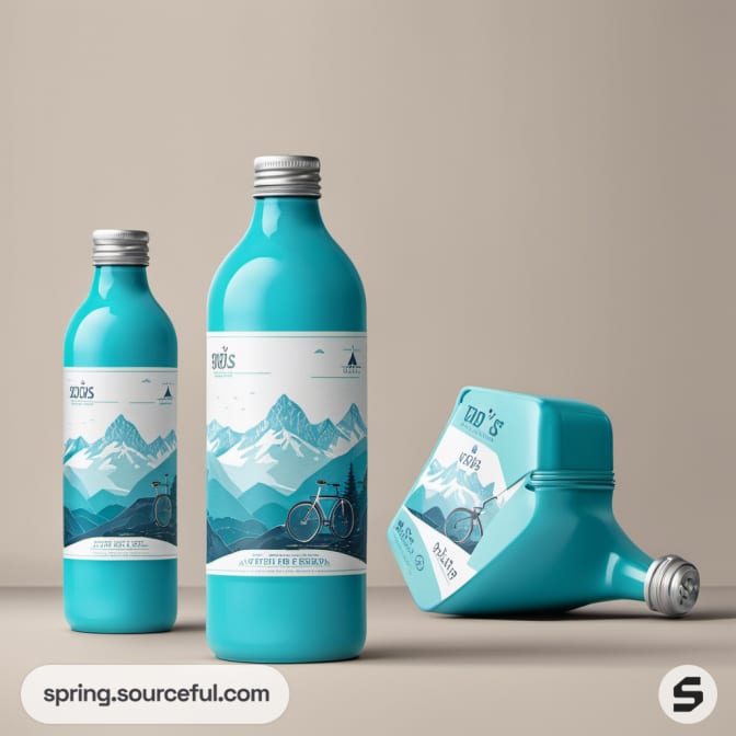 Teal bottles with mountain and bicycle graphics on beige background.