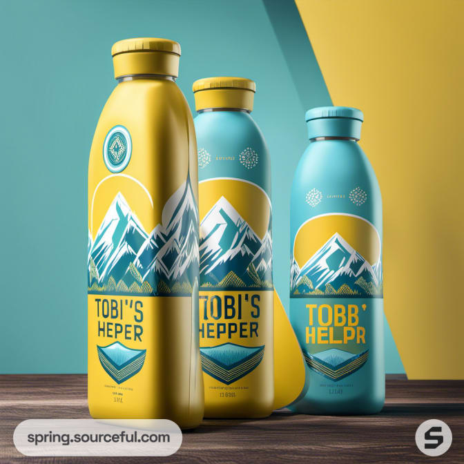 Yellow and teal bottles with mountain graphic on wooden background.