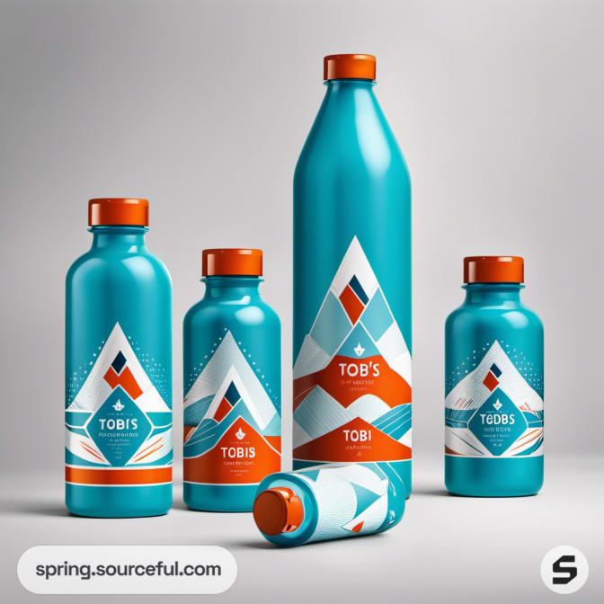 Various teal bottles with geometric design on white background.