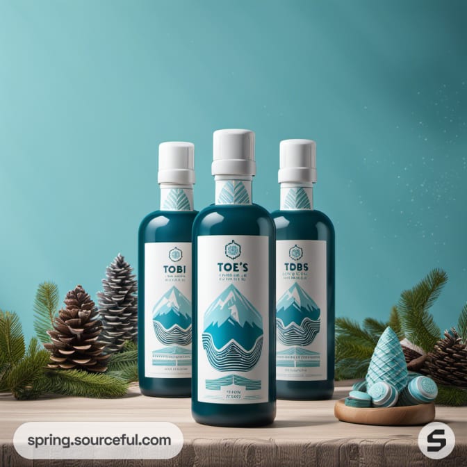 Teal bottles with white caps and mountain graphic on wooden table.