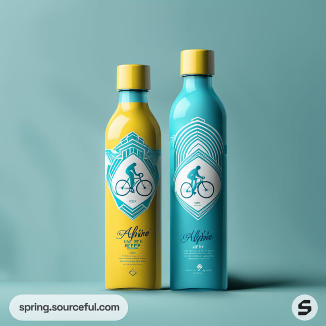 Yellow and teal bottles with bicycle graphic on teal background.