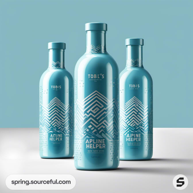 Teal bottles with geometric line design on gray background.