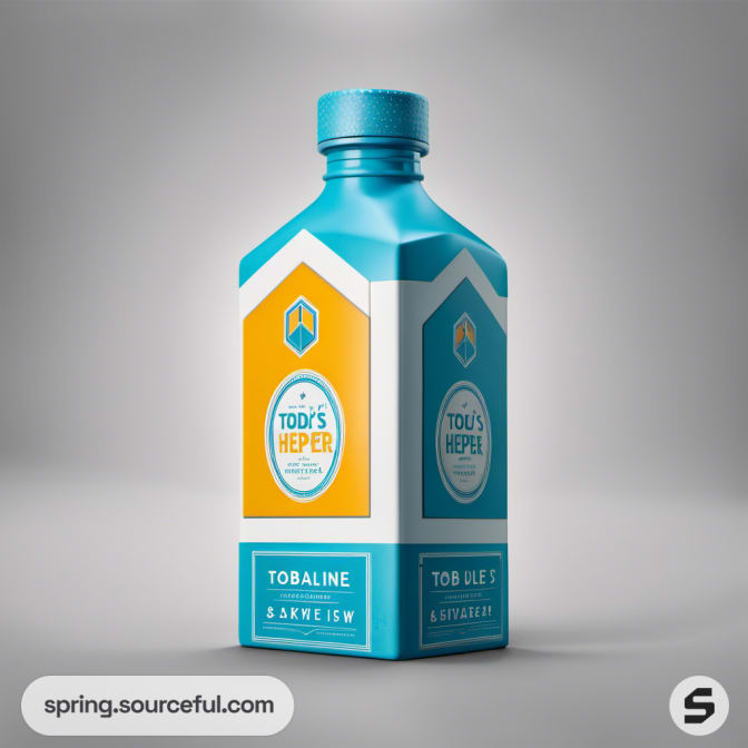 Teal square bottle with orange and white design on gray background.