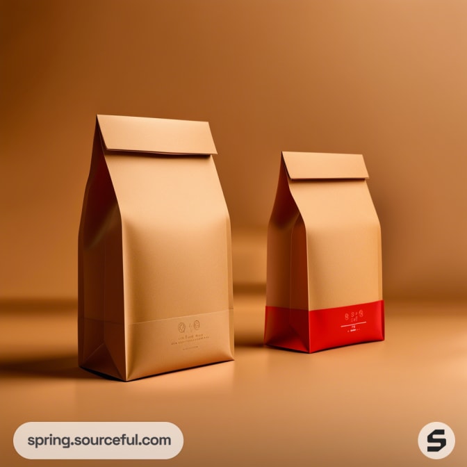 Two brown resealable coffee bags on a warm brown background, one with a red bottom.