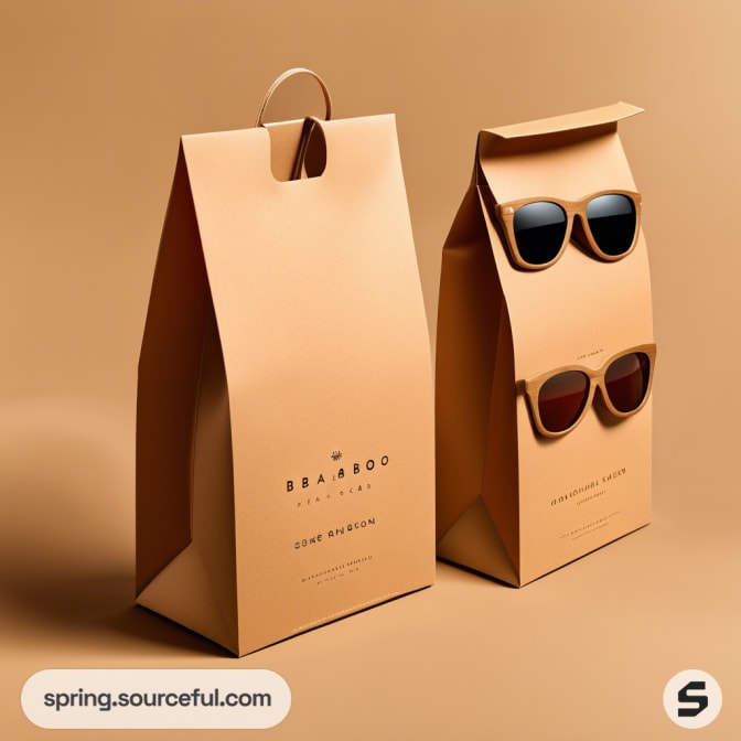 Brown paper bags with sunglasses attached, minimalist design.