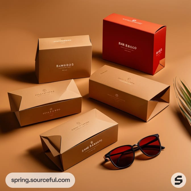 Brown and red cardboard packaging boxes with sunglasses on a tan surface.