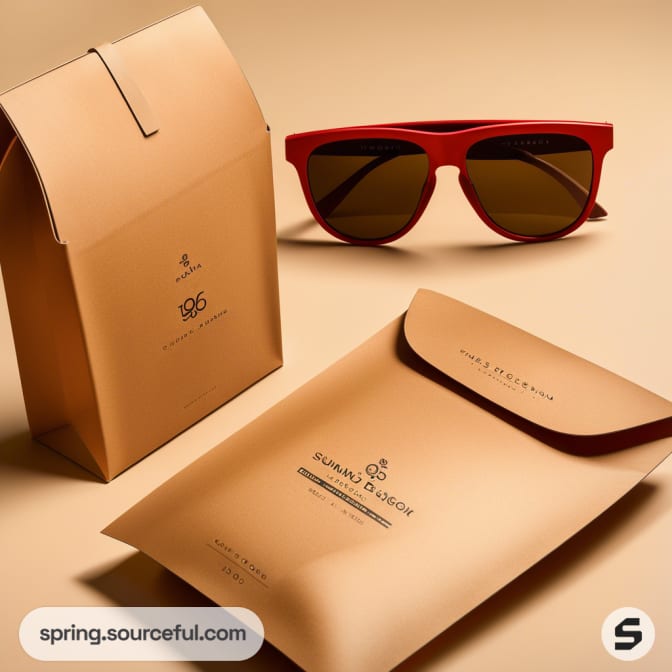 Brown packaging with red sunglasses, featuring a box and envelope against a beige background.