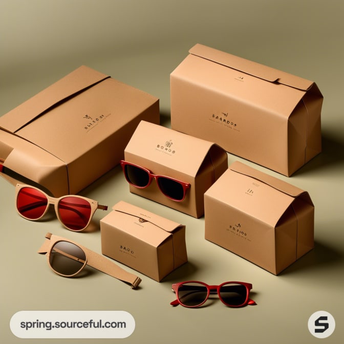 Various sizes of brown cardboard boxes with sunglasses placed nearby, on a light green background.