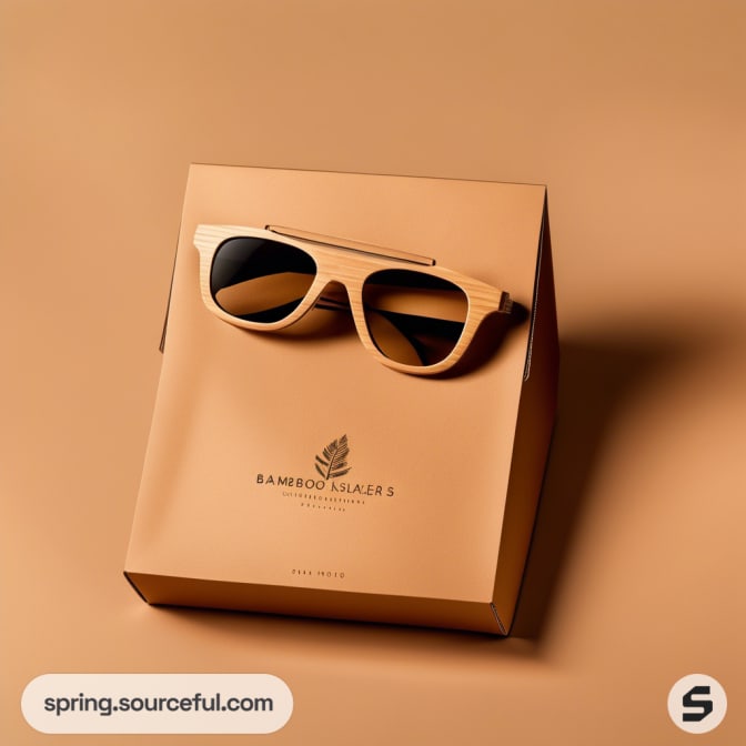 Wooden sunglasses on a tan pyramid-shaped box with subtle text and a leaf logo on a beige background.