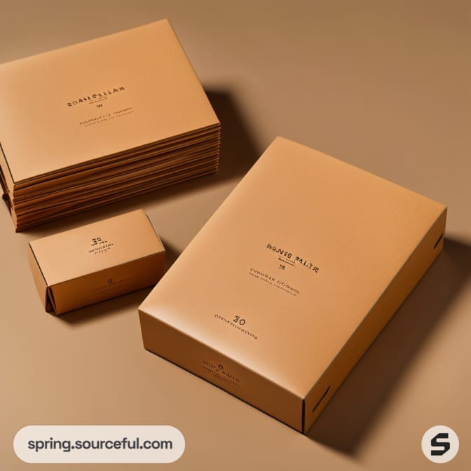 Brown mailer boxes in various sizes on a beige surface.