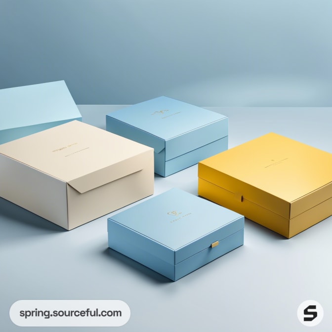 Elegant pastel-colored rigid boxes in blue, cream, and yellow with embossed details, set on a gradient background.