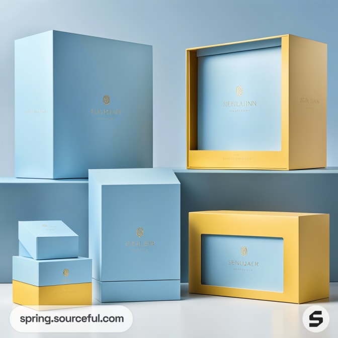 Stacked blue and yellow rigid boxes with floral design, showcasing elegant packaging.
