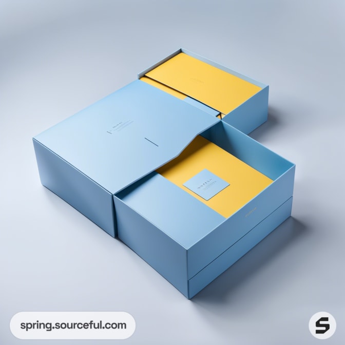 Light blue box with yellow interior, open lid, modern design.