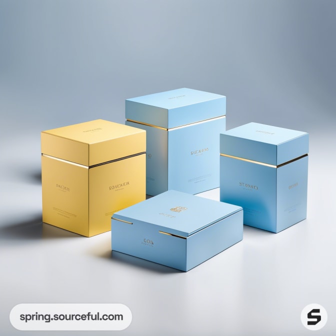 Set of blue and yellow square boxes with gold text on a light background.