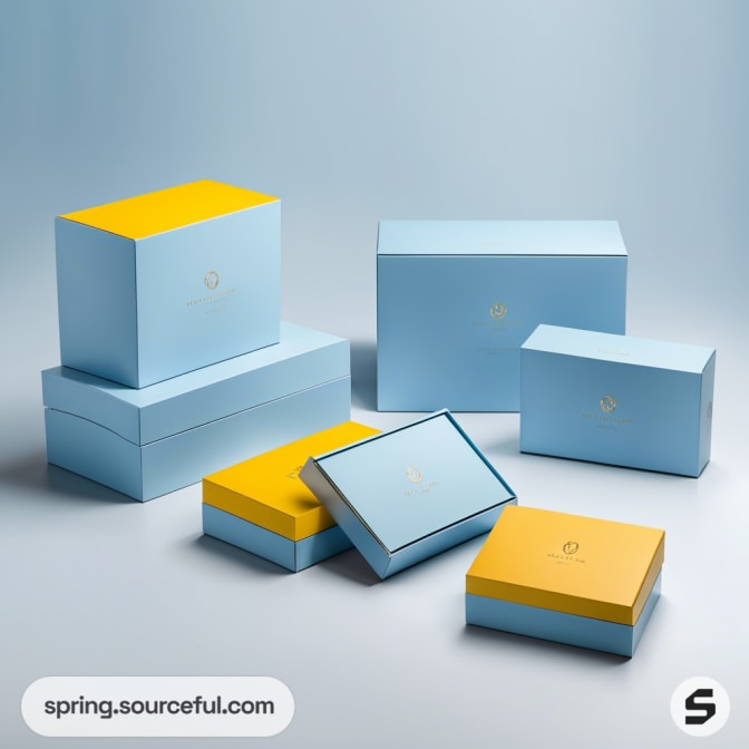 Assorted pastel blue and yellow mailer boxes on a light background.