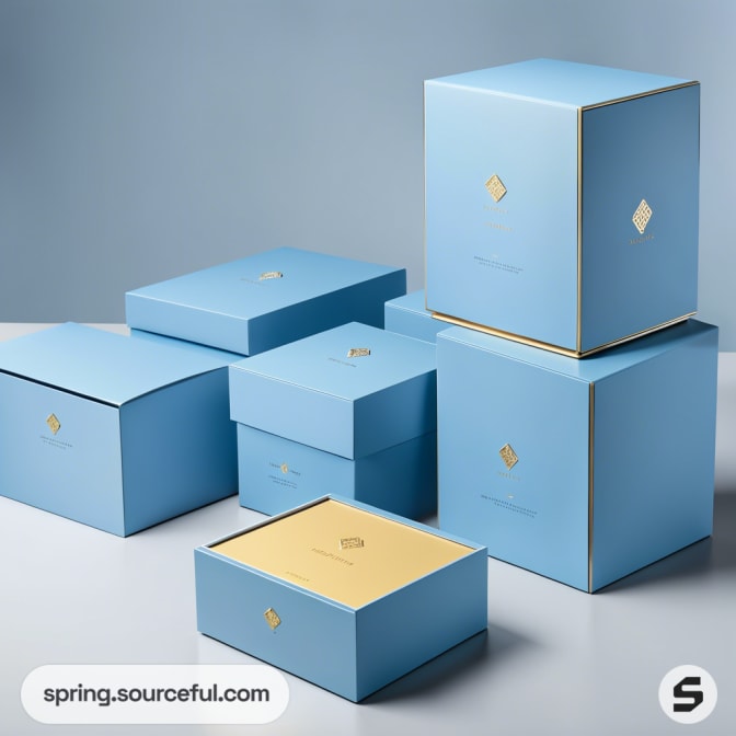 Blue and gold luxury gift boxes with embossed designs on a neutral background.