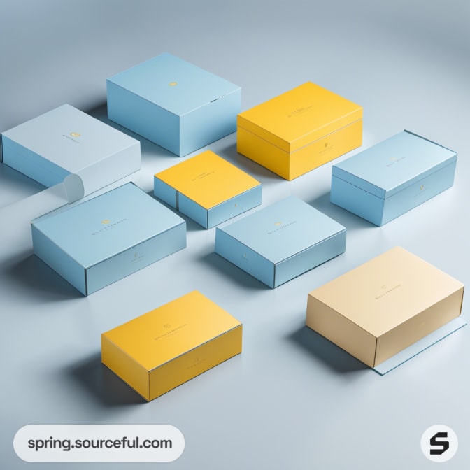 Assorted pastel-colored cardboard boxes on a light blue surface.