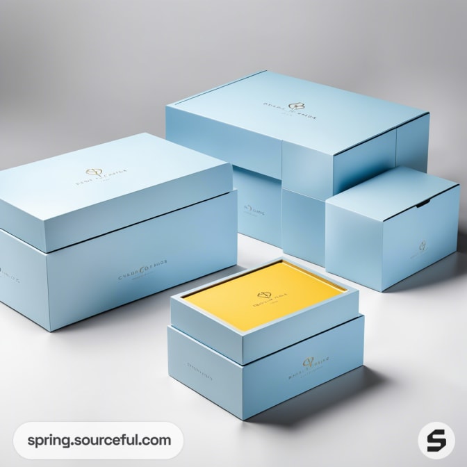 Set of pastel blue boxes with gold interior, various sizes, displayed on a neutral background.