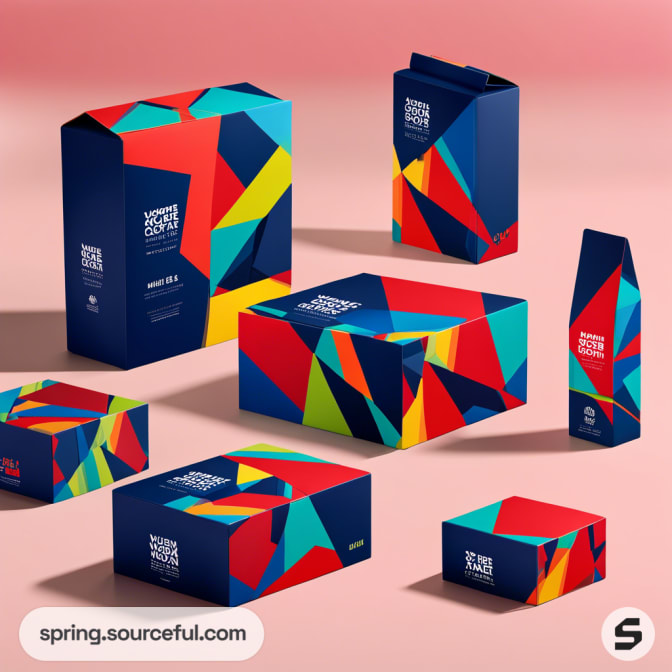 Colorful geometric patterned packaging on various boxes and pouches with a pink background.