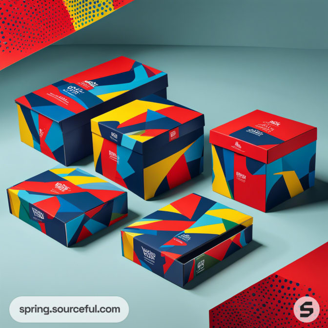 Colorful gift boxes with geometric patterns on a teal background.