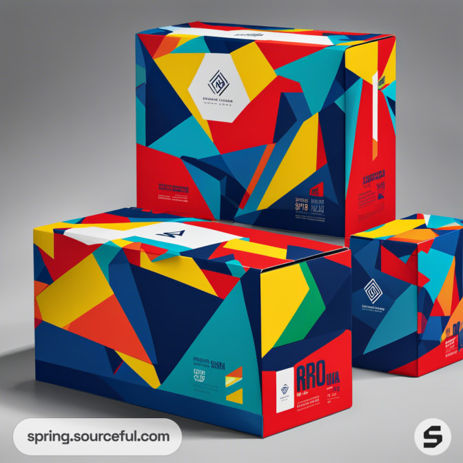 Colorful abstract geometric pattern on mailer boxes.