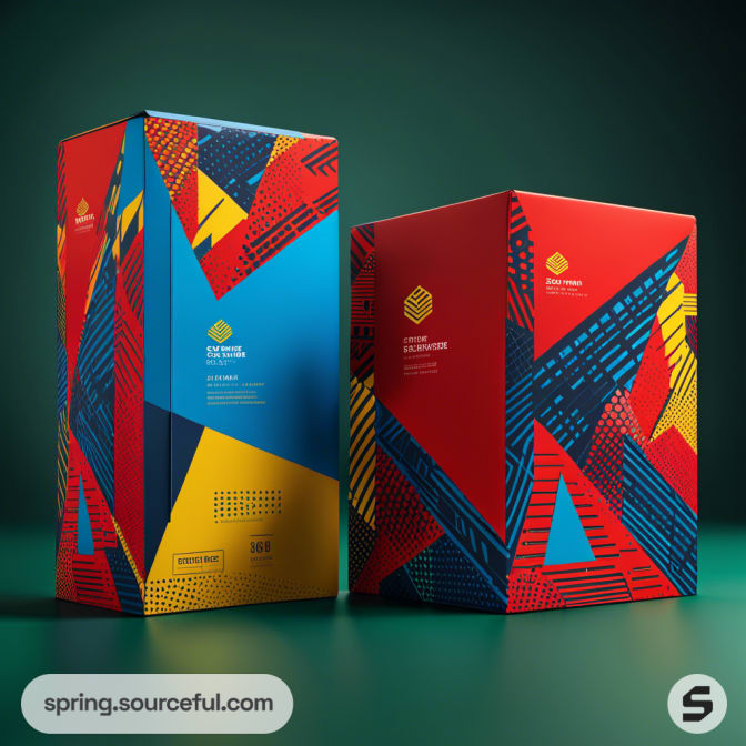 Colorful geometric design on tall packaging boxes against a dark green background.