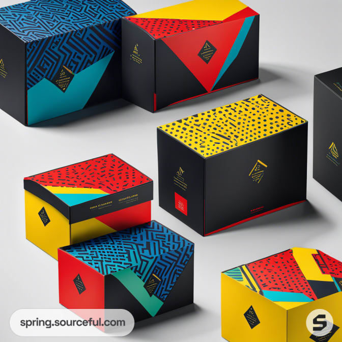 Colorful geometric patterned mailer boxes on a white surface.
