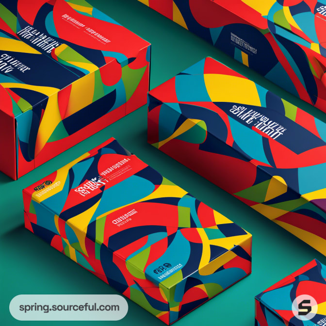 Colorful mailer boxes with abstract geometric patterns on a green surface.