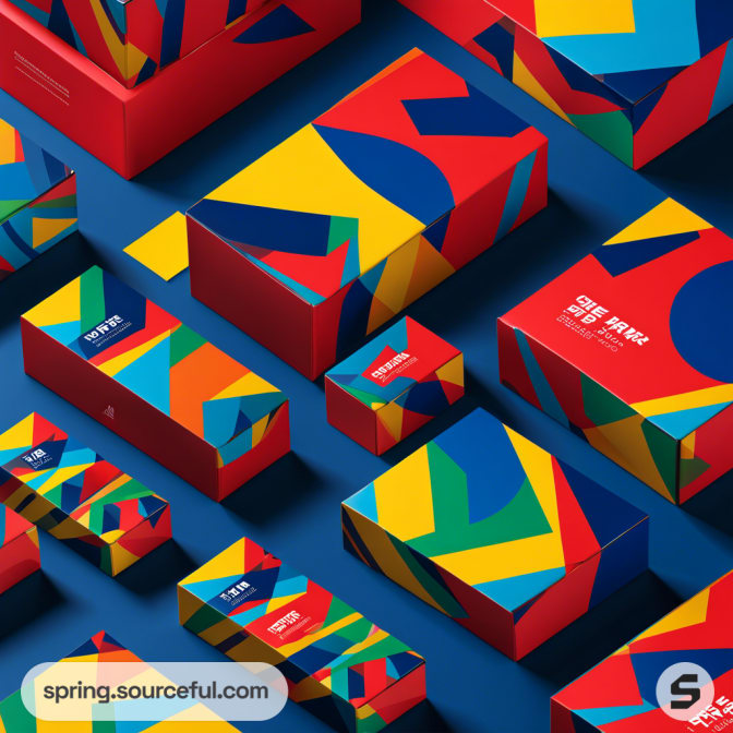 Colorful geometric patterned mailer boxes on a blue background.