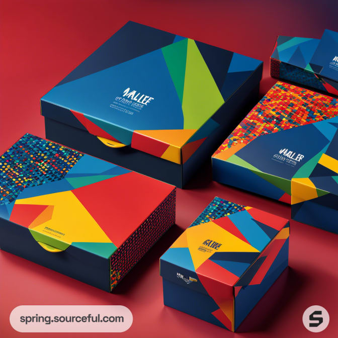 Colorful geometric patterned boxes on a red surface.