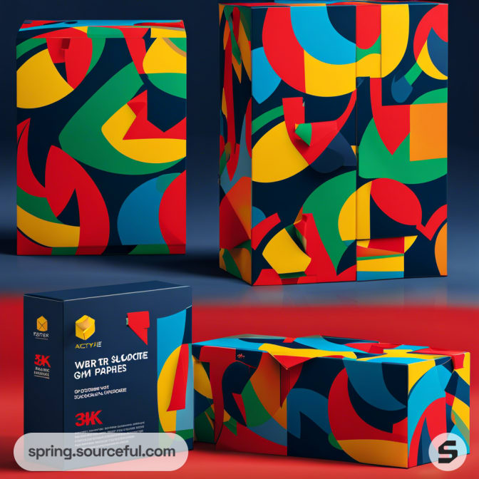 Colorful geometric pattern mailer boxes with red, blue, yellow, and green shapes on a dark background.