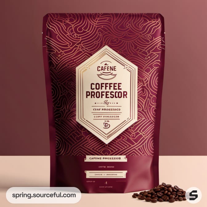 Maroon coffee pouch with intricate gold patterns and coffee beans design.
