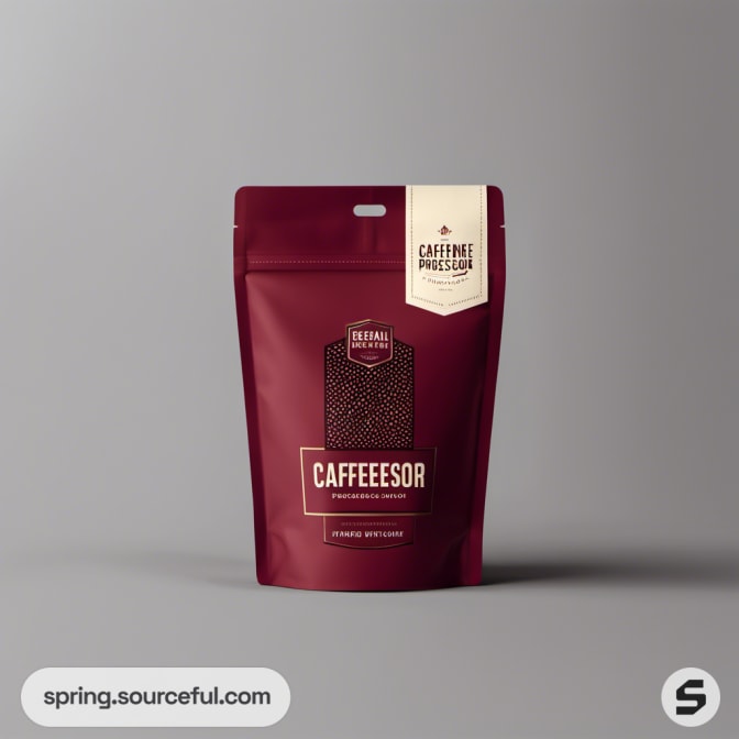 Maroon resealable coffee pouch with minimalist design and decorative label.