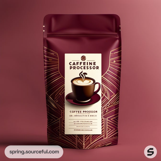 Burgundy coffee pouch with geometric patterns and a cup illustration.