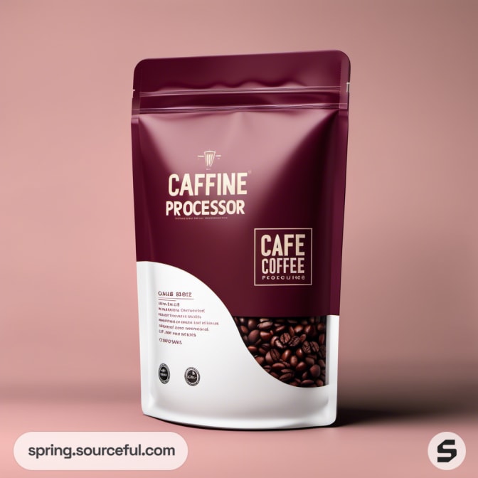 Resealable maroon coffee pouch with brown bean illustration and clear section.