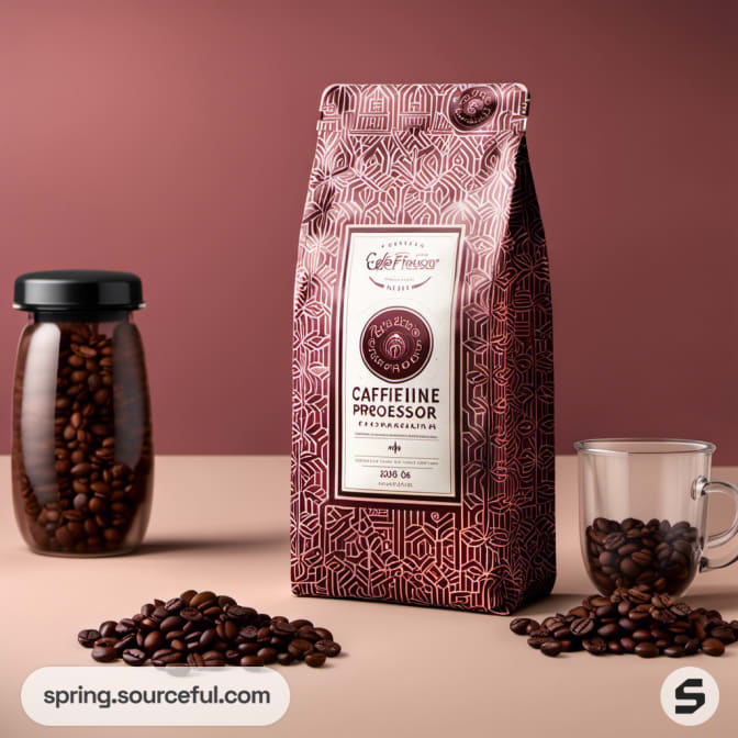 Patterned coffee bag with coffee beans and two glass containers.
