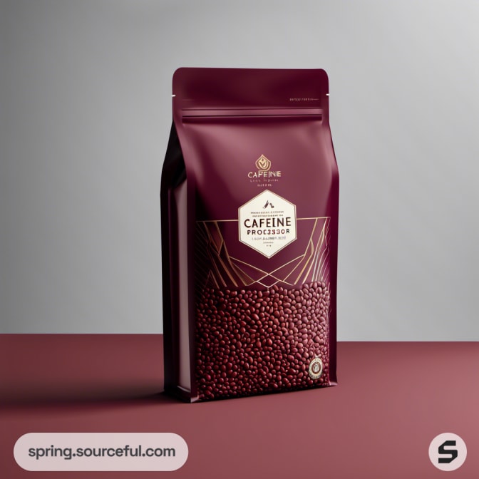Maroon coffee bag with abstract bean patterns and a large coffee icon.