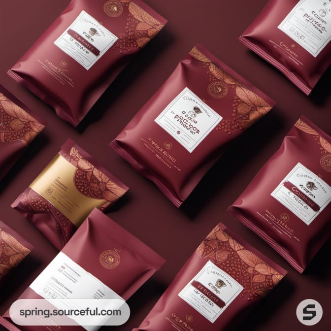 Assorted maroon coffee pouches with floral and geometric designs.