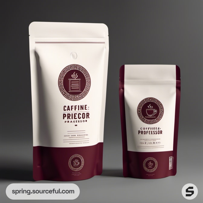 Two-tone coffee pouches with maroon base and emblematic labels.