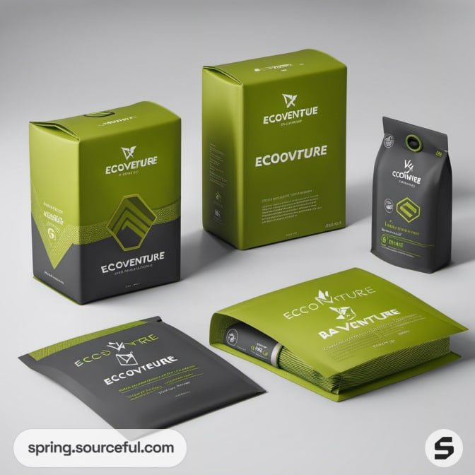 Eco-friendly product packaging in green and black boxes and pouches.
