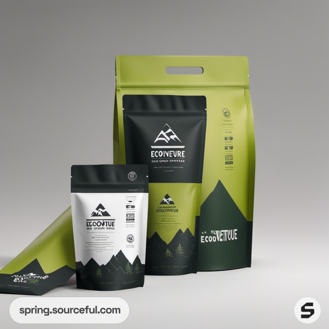 Assorted green and black eco-friendly packaging for food and supplements.