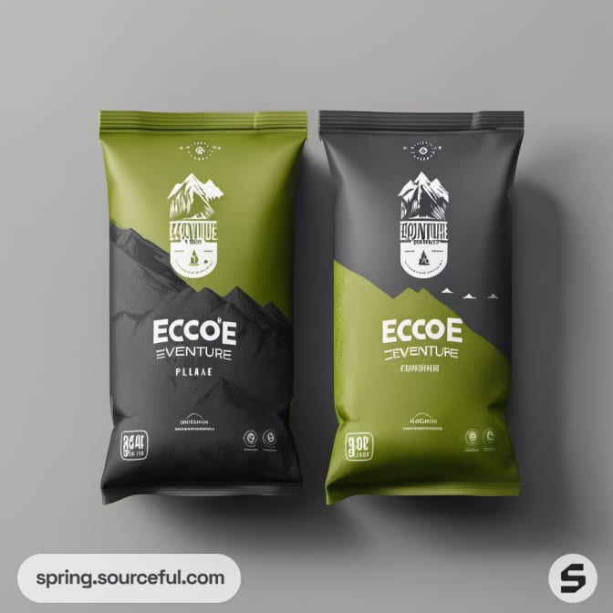 Green and black eco-branded sachets and coffee packages.