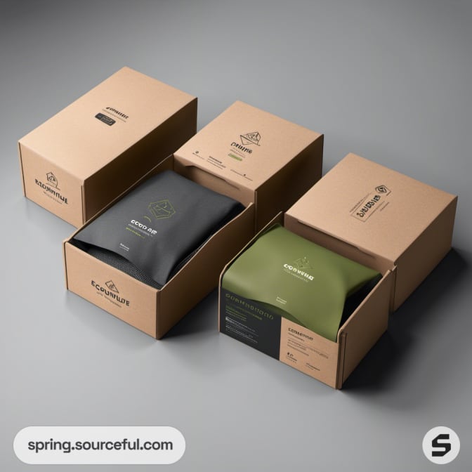 Eco-friendly packages in cardboard boxes with green and black pouches.