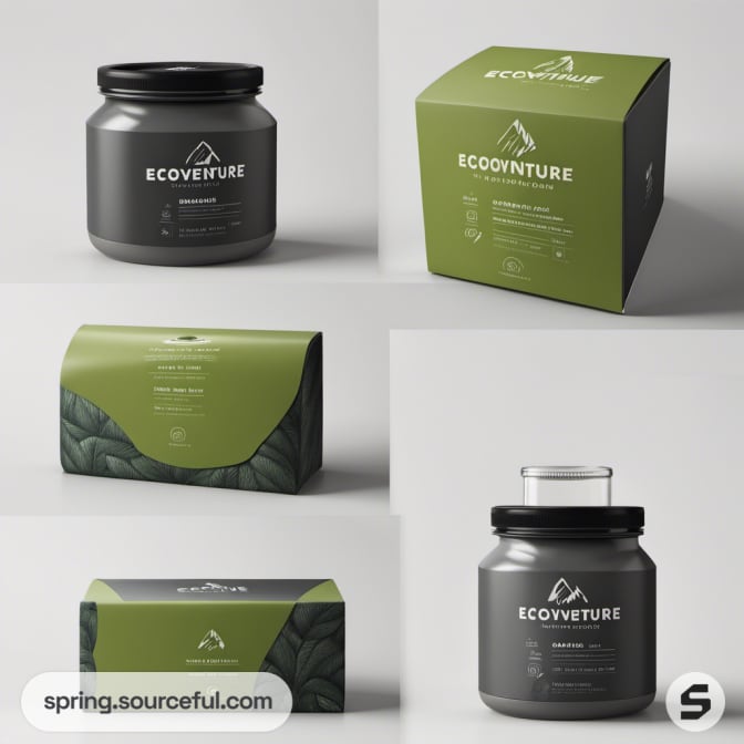 Green and black eco-friendly jars and boxes with nature theme.