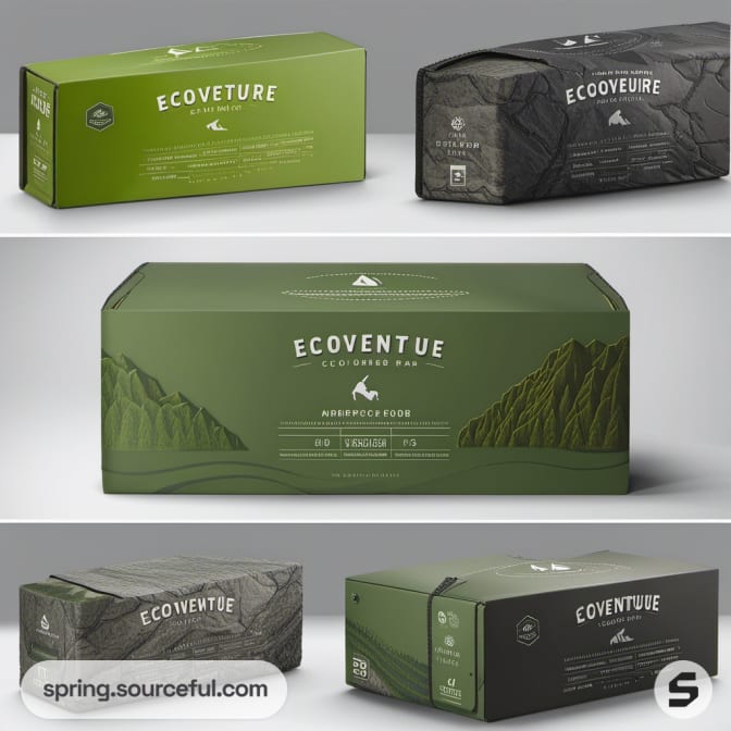 Dark green eco-friendly packaging with landscape design.