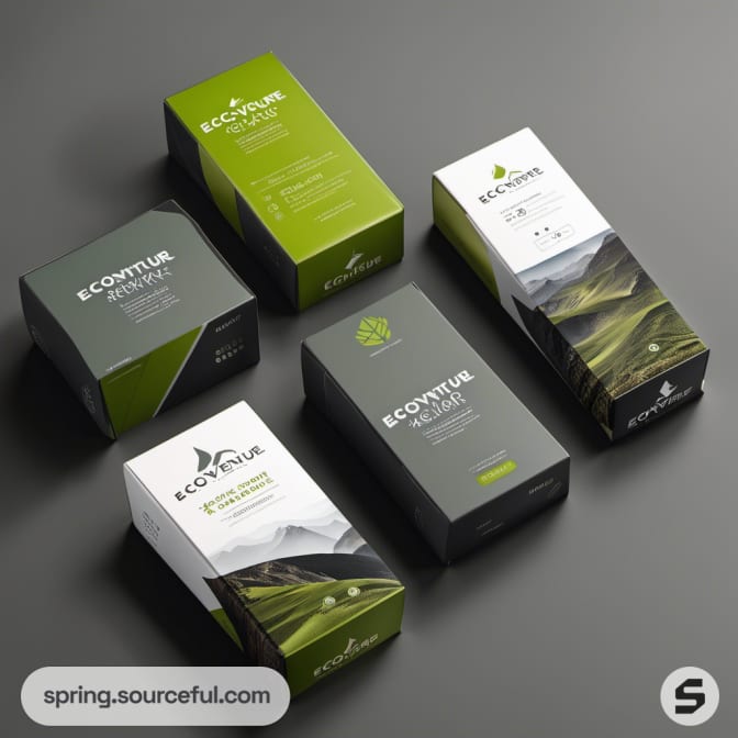 Variety of gray and green eco-friendly product boxes.
