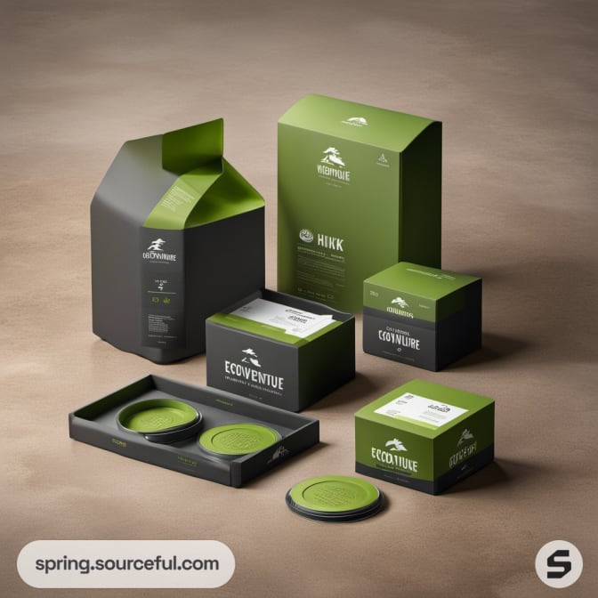 Eco-themed green and black product boxes with minimalist design.