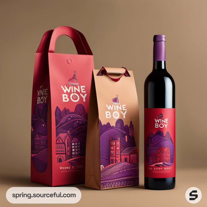Red and purple wine bottle with handle bag on beige background