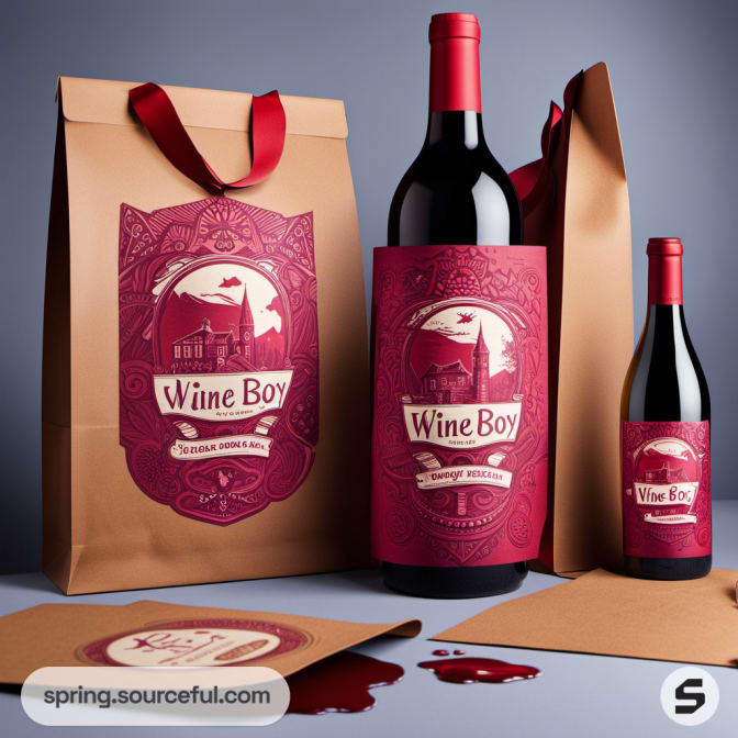 Wine bottle with ornate label beside brown gift bags