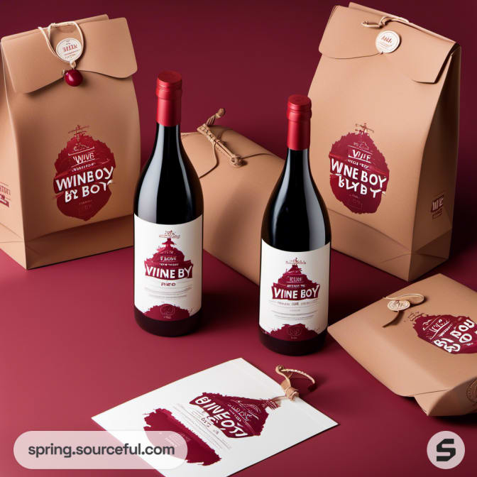 Two wine bottles with custom labels and brown bags on red surface
